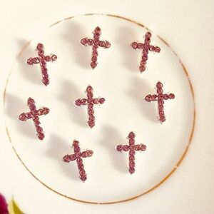Pink Crystal Cross Nail Charms on silver tone 8 pieces